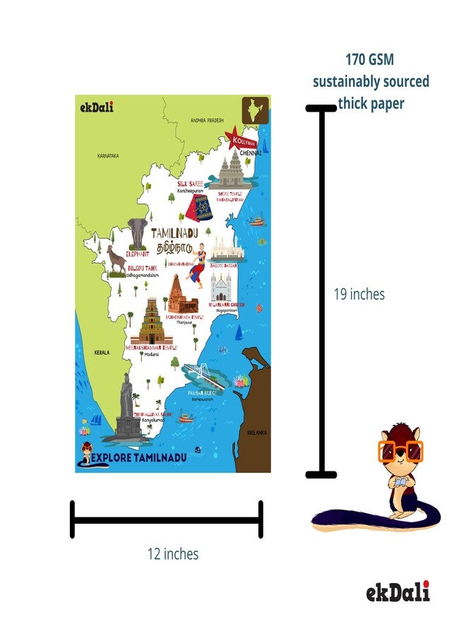 EKDALI Explore Tamil Nadu State -Famous Tourist Places like Temple,Dance & Clothing, Animals,Monuments |Tamil Nadu Map for kids,educational purpose for kids | Size 12 x19 inches - rolled - Image 3